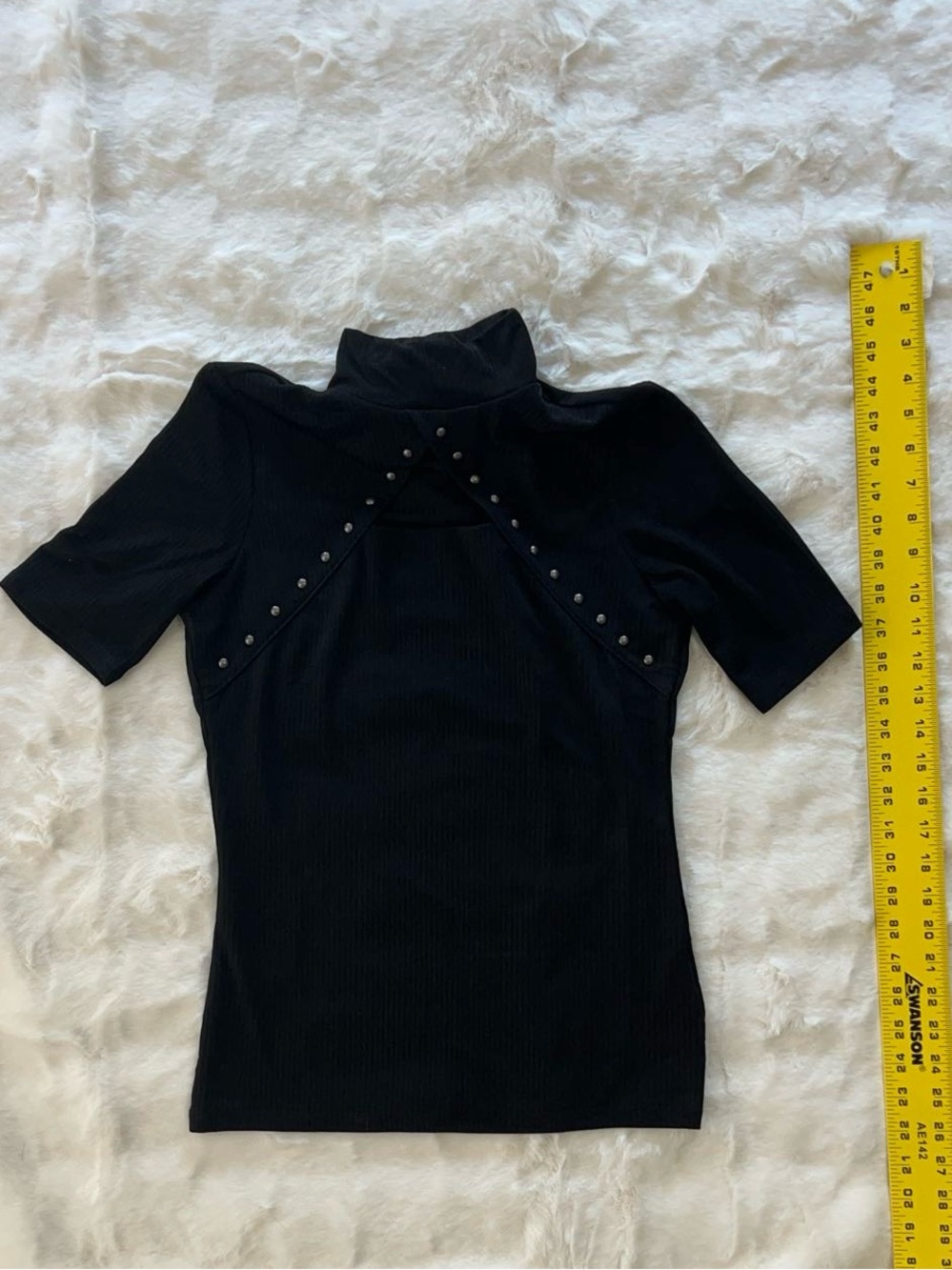 INC International Concepts Black Short-Sleeve Mock Neck Top with Stud Accents